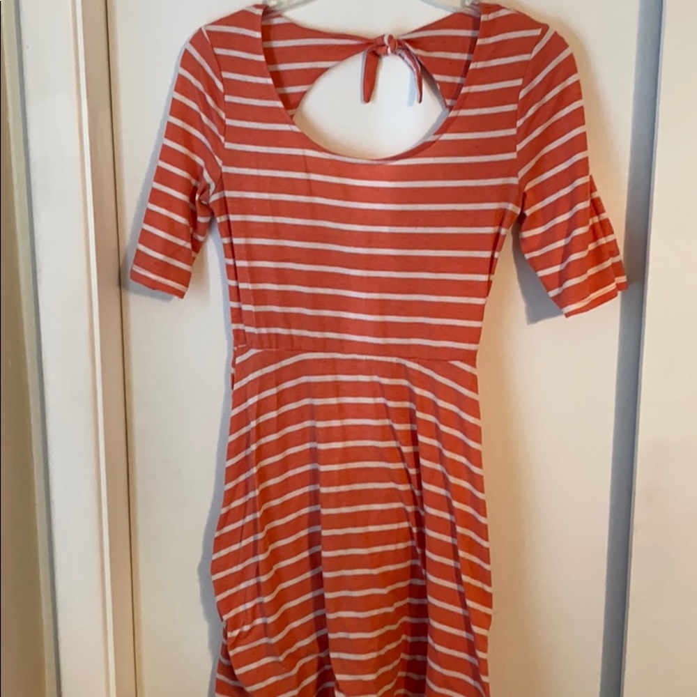 S- peach & white stripe- 3/4 Sleeve Skater Dress